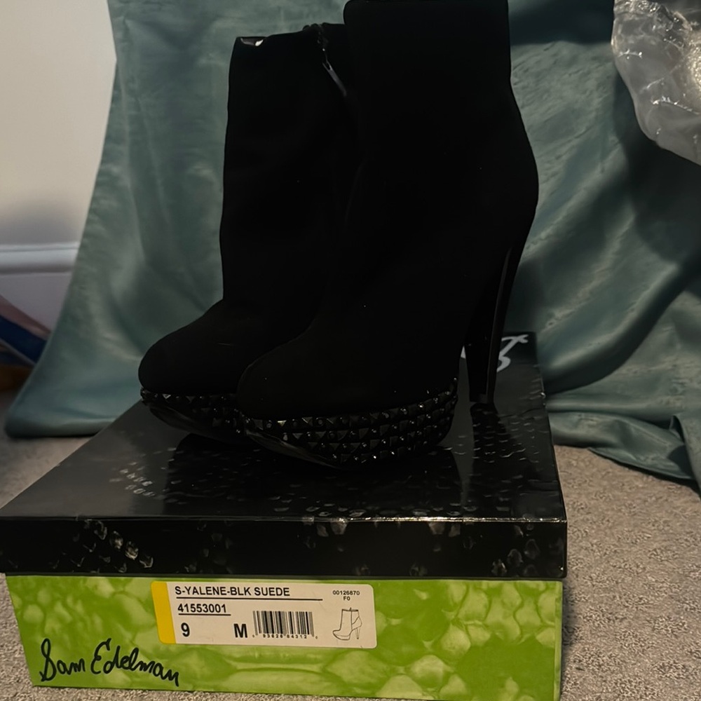Sam Edelman Black Suede Heeled Boots with Studded Detail